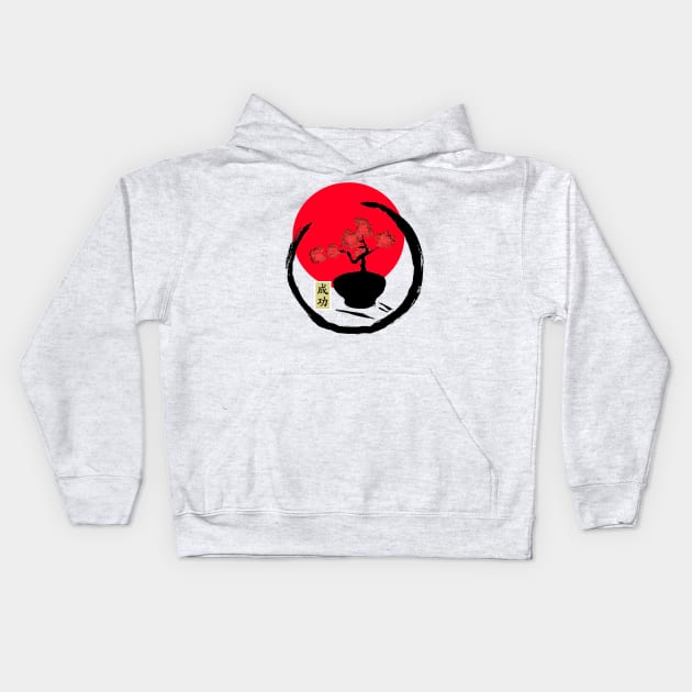 Rising red sun on a enso circle brush stroke design - Blooming red cherry blossoms Kids Hoodie by Trippy Critters